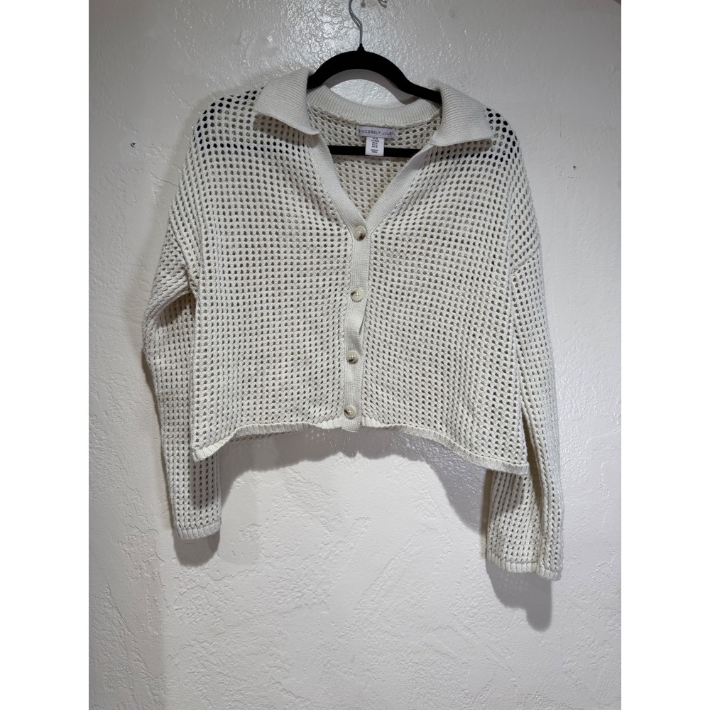 Sincerely Jules Women Cream Open Knit Cropped Button Front Cardigan Sweater M